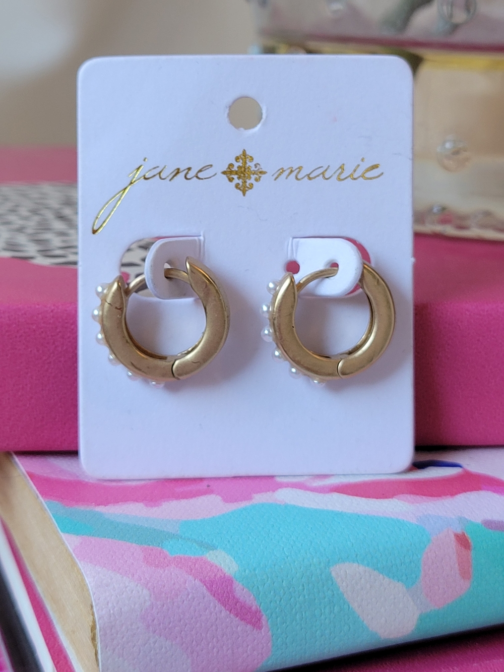 Jane Marie Gold Hoop Huggie Earrings with Pearl Details